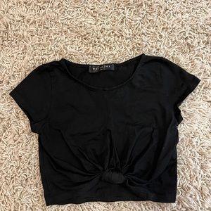 White Fox black crop top with gathered knot at front